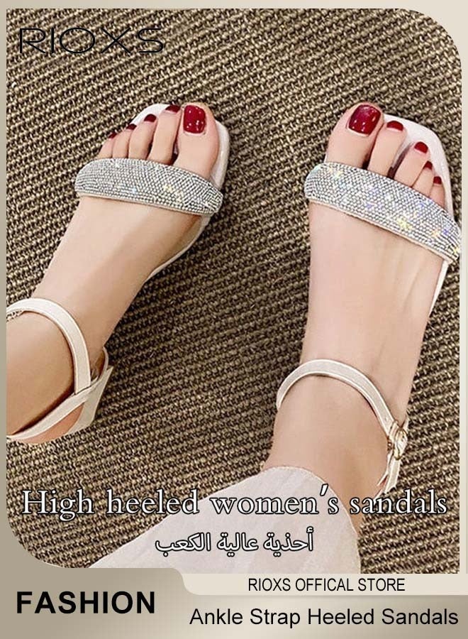 RIOXS Women Chunky Heeled Mules, Square Open Toe Slip-on Sandals with Rhinestone Chains, Trendy Heeled Sandals for Ladies, Ankle Strap Wedding Sandals with Non-slip Sole, Easy to Pair with Jeans or Skirt for Casual Look - Image 1